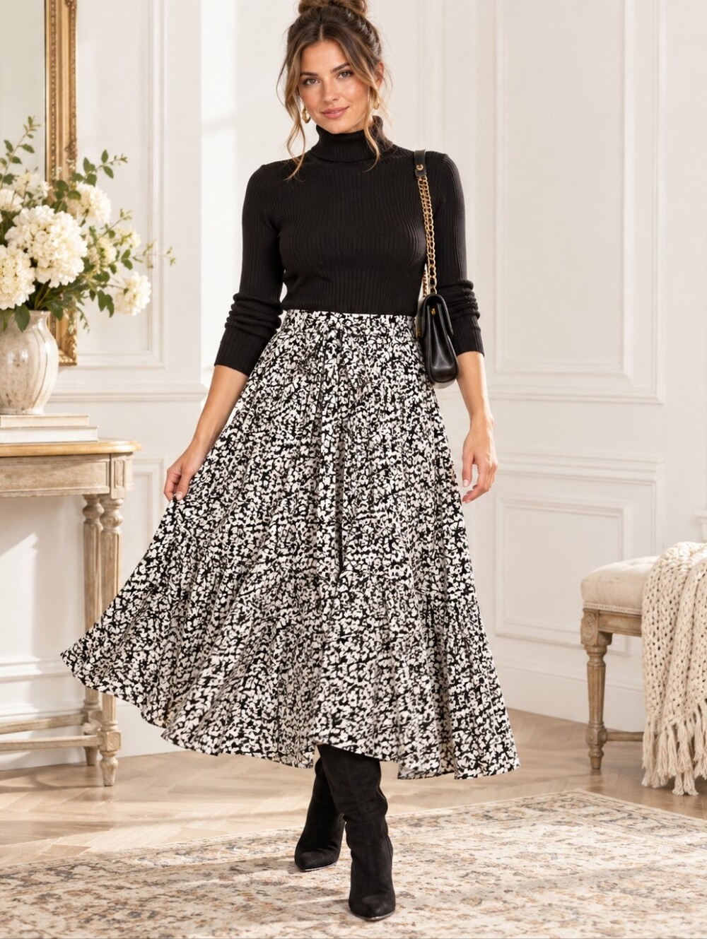 Lark + Grey XL Black White Abstract Print Tiered Maxi Skirt Stretch Waist